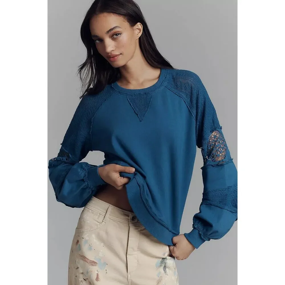 By Anthropologie Lace Balloon-Sleeve Blouse Top Pullover Cotton Blue XS 279962